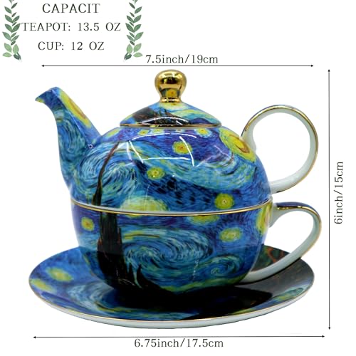 Porcelain 13 OZ Tea for One Teapot and Cup Set Vintage Floral Ceramic Tea Set European Style Tea pot and Saucer Set (Starry Sky) - color: Starry Sky
