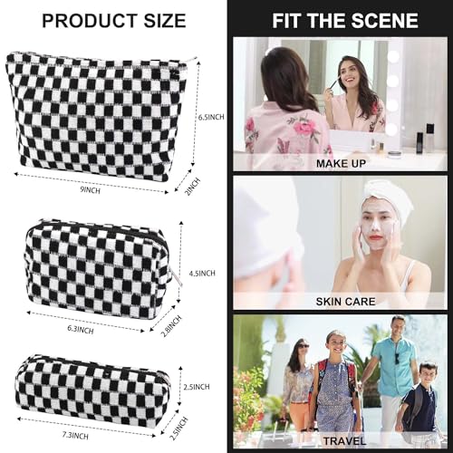 EIMMBD Makeup Bag 3 Pieces Large Capacity Checkered Cosmetic Bags Travel Toiletry Bag Organizer Cute Makeup Pouch Storage for Women(Black) - color: Black