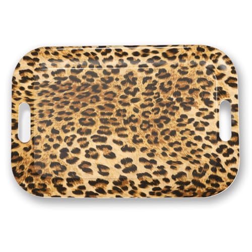 Serving Trays with Handles, 14.5 x 9.8 inch Rectangular Plastic Tray for Restaurant, Kitchen, Brown Leopard - color: Brown Leopard