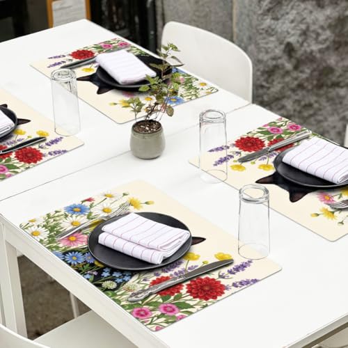 Peacoblue Placemats Set of 4,Faux Leather Cat in the Flowers Design - style: Cat in the Flowers