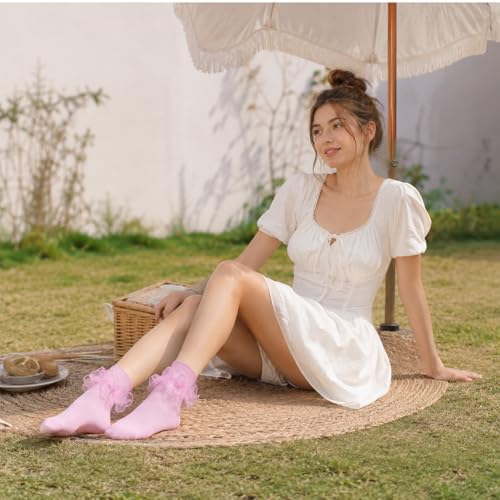Big Ruffle Socks Women(Size 5-11) Turn Cuff Cotton Lace Frilly Socks - color: Blue,purple,pink,beige, size: 5-9