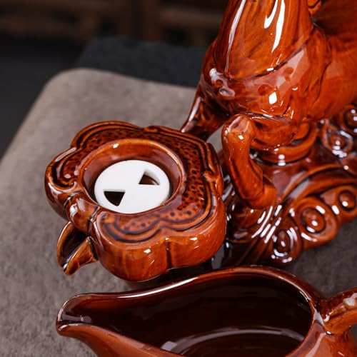 Chinese Gongfu Tea Set - Ceramic Teapot with Infuser, 8 Cups, Semi Automatic Horse Design for Loose Leaf Tea - color: Red Horse - A