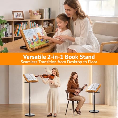 2-in-1 Floor & Desktop Book Stand with Large 16.5"x11.8" Solid Wood Panel - color: Rubberwood