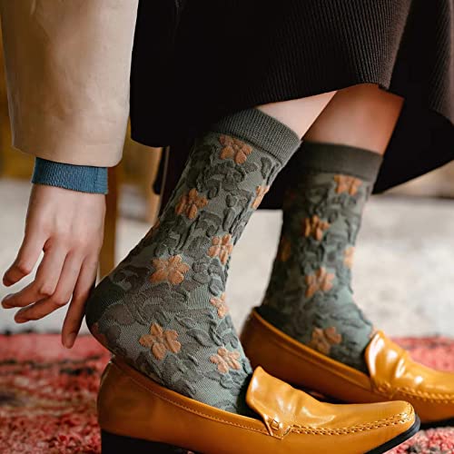 DXYAKY 5 Pairs Womens Floral Cotton Socks Vintage Patterned Crew Socks Novelty Ankle Ruffled Warm Casual Dress Socks - color: 5 Pairs - Green