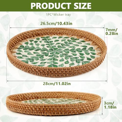 Handwoven Rattan Tray Pearl Inlay 11" Round Decorative Serving Tray Boho