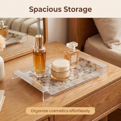 Decorative Tray with Pearlescent Design，Multifunctional Acrylic Serving Tray with Handles，15" Mother of Pearl Tray for Coffee Table, Nightstand,Ottoman or Living Room