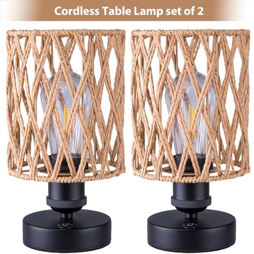 Cordless Outdoor Table Lamps, Small Rattan Boho, Rechargeable Battery Operated for Outdoor Patio, Home, Living Room, Bedroom, Bedside - Set of 2 (Beige-A) - color: Beige-A