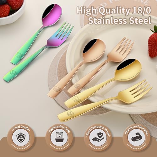 DEHOV Colorful Toddler Eating Utensils Set,Set Of 12 Food Grade Stainless Steel Silverware Sets For Kids,Dishwasher Safe Children Small Metal Spoons And Forks Flatware Sets - color: Colorful