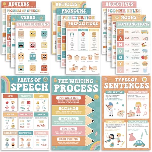BEAWART Parts of Speech Posters, 15 Pack 11x17 Boho Groovy ELA Charts - color: Boho Groovy Parts Of Speech