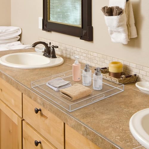 18×18 inches Oversized Clear Acrylic Ottoman Tray Extra Large Decorative Tray Spill-Proof Serving Trays with Handles King-Size Safe Edge Organizer for Coffee Table Countertop Breakfast - color: Clear, size: 18" x 18" x 2"
