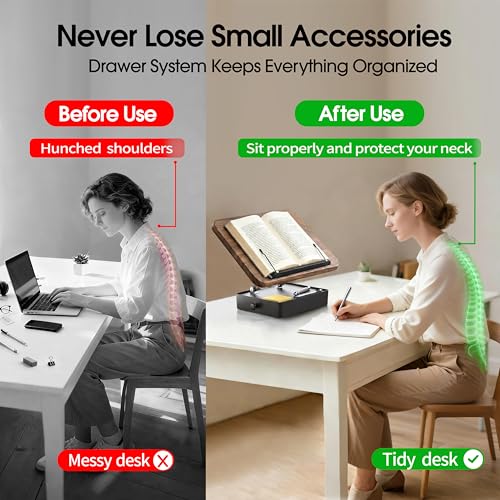 Book Stand with Storage Drawer, Heavy-Duty Adjustable Wooden Reading Stand - color: Walnut Effect, size: 10.5" x 15.5"