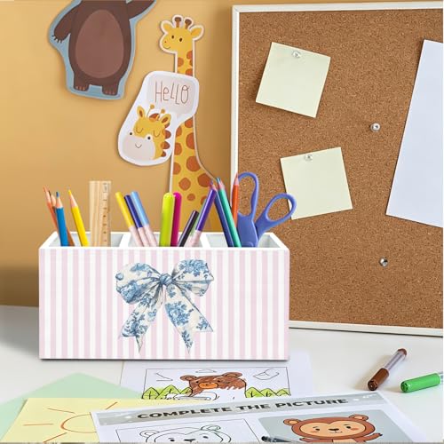 Chinoiserie Blue Bow Pen Holder for Desk, Preppy Pink Striped Pencil Organizer, Girly Bow Aesthetic Wooden Box Sign Desk Decor for Girls Bedroom Dorm Home Office Decoration - color: Blue Bow