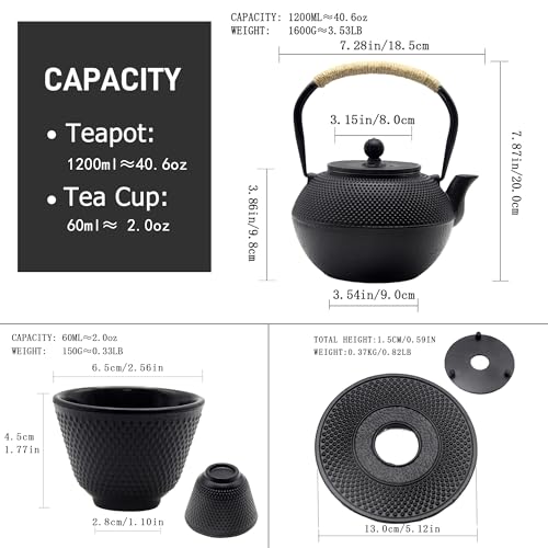 YJX 40.6oz Black Cast Iron Tea Pot Set with Teacups, Japanese Tetsubin - size: 1200 ml with Cups