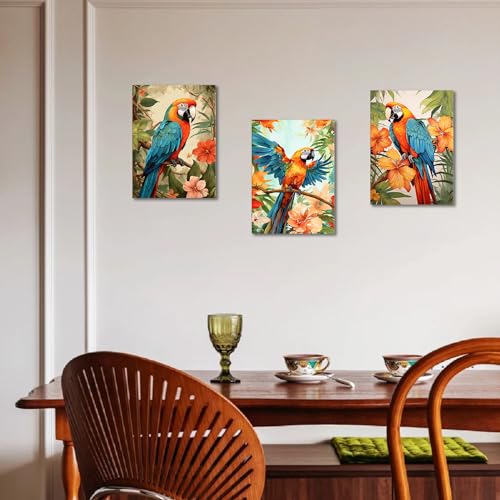 GLOKAKA Set of 3 Parrot Wall Art Colorful Parrot on Branch with Tropical Leaves Painting Pictures Wall Decor Colorful Birds Artwork for Living Room Bedroom Bathroom Decor - color: Parrot Artwork-02, size: 36"L x 24"W