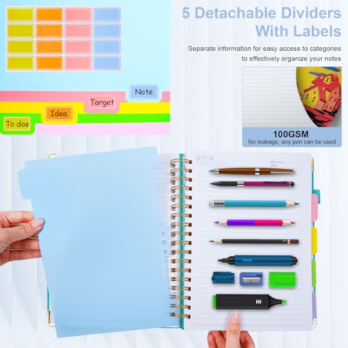 Hardcover Spiral Notebook 6.2"x 8.2" Journal Notebook with Tabs and Removable Dividers 300 Pages 5 Subject Notebook College Ruled, Faux Leather Spiral Bound Notebook for Women School Work(Lake Blue) - color: Lake Blue, size: 6.2"x8.2"(A5)