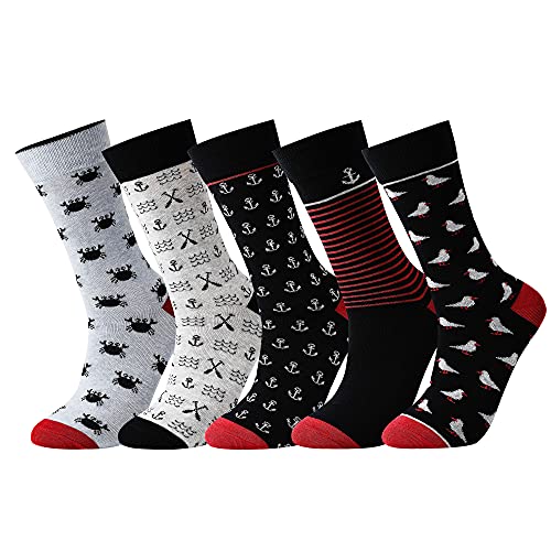 Mens Dress Socks, 5 Pair Combed Cotton Colorful Patterned Funny Crew Socks for Men Comfort - color: Crab