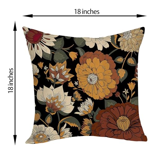 Boho Pillow Covers 18x18 Pack of 2,Vintage Black Floral Throw Pillow Cover Spring Summer Bohemian Botanical Flower Pillowcase Outdoor Decorative Linen Cushion Case for Sofa Home Decor - color: Black-b-boho Floral 1, size: 18" x 18" (Pack of 2)