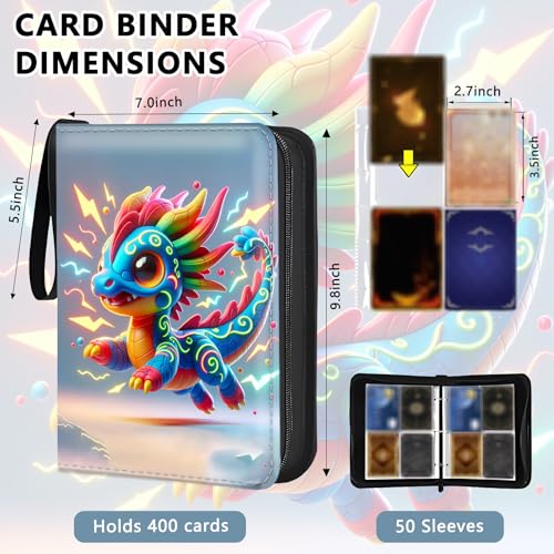 4 Pocket Trading Card Binder, Holds 400 Cards, Zipper Binder - color: Little Flying Dragon