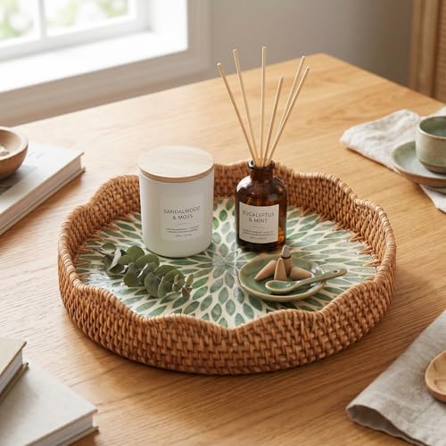 12 Inch Round Rattan Tray Mother of Pearl Inlay, Leaf Style - style: Leaf Style