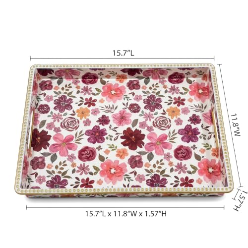 Rectangular Plastic Serving Tray with Handles, Burgundy Watercolor Floral Print with Gold Rim, Vintage Tray for Breakfast, Coffee, Tea, Home Decoration and Party, 15.7" x 11.8" x 1.57" - color: Red&white