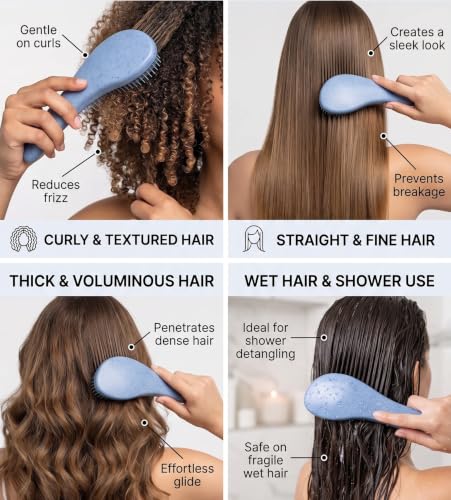 Combo Set of Wet/Dry Hair Detangling Brush & Head/Scalp Massage Shampoo Brush made of Wheat Straw Material, Soft Bristles, Pain-Free, Suitable for all hair type, Women + Kids