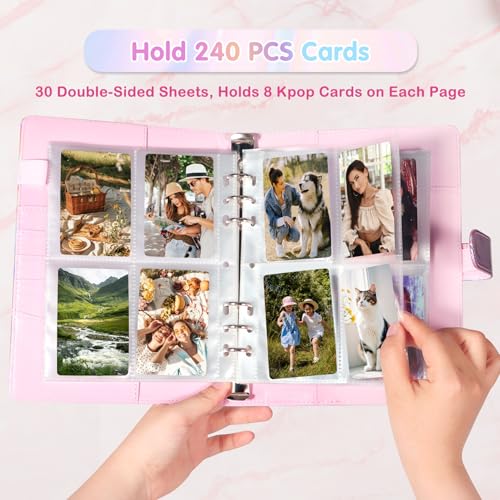 A5 Kpop Photocard Binder with 30 Pack 4-Pocket Card Pages, 6 Ring A5 Binder Card Collector Album with 240 Card Slots,PU Leather Binder Cover with Magnetic Buckle Closure for Organizing Trading Card - color: Shining Pink