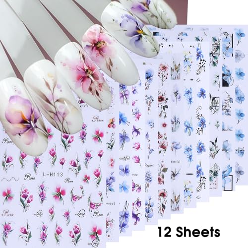 Ink Flower Nail Art Stickers 12 Sheets 3D Self-Adhesive Nail Decals with Tweezers Watercolor Floral Leaves Stickers Charming Blossom Flowers Designs Nail Art Supplies Manicure Accessories for Women - style: Watercolor Flower Styles