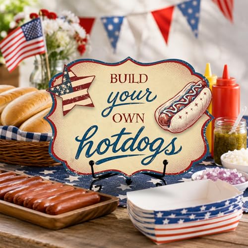 Hot Dog Stand Sign with Metal Display Stand, Wooden Patriotic Tabletop Menu Sign for BBQ Party, Food Truck, Buffet Table, Hot Dog Shop Decor, Independence Day 250th Anniversary Celebration - A01 - color: DLR A01