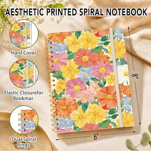 Colorful Floral Lined Spiral Notebook, Pretty Hardcover Journal 6'' x 8.4'', Flower Notebook for Women, Work, Writing, Journaling Gift - color: floral-02