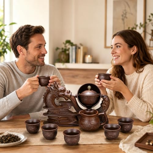 Dragon Kung Fu Tea Set for Adults – 9-Piece Wood-Fired Ceramic Chinese Tea Ceremony Set, Semi-Automatic Teapot with 6 Cups & Fair Cup, Handcrafted Traditional Teaware, Perfect Tea Lover Gift - color: Natural Wood-Fired