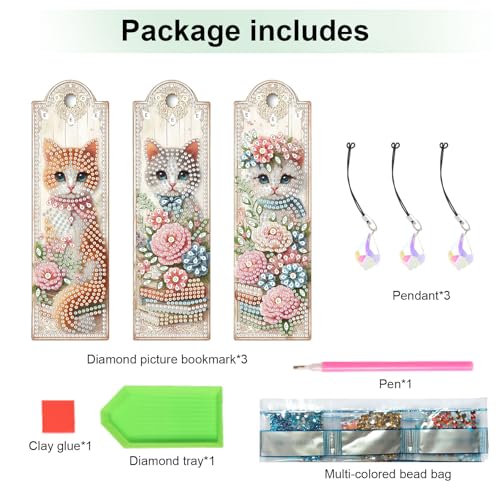 Tontut 3pcs Diamond Art Painting Kit Bookmarks, Pink Flower Cat Exquisite Universal DIY Bookmarks, Lightweight and Durable for Reading Lovers - color: Pink