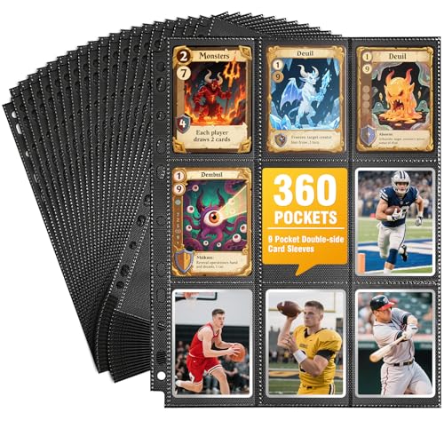 20 Pack 360 Pockets Black Trading Card Sleeves Binder Sheets, Double Sided Thicken Game Card Sleeves for 3 Ring Binder, 9 Pocket Side Loading Page Protector for MTG, Yugioh, Game, Baseball Cards - color: Black-20 Pack