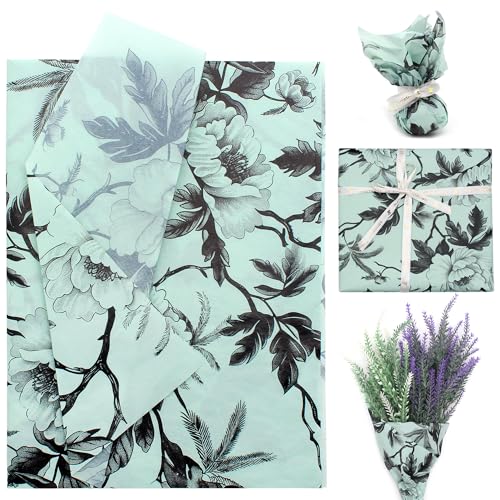 Benvo Floral Tissue Paper 20x29 Inch - 20 Sheets Decoupage Craft Paper for Gift Wrapping, Flower DIY Art Projects, Spring Wedding, Birthday & Baby Shower Decorations(Style L) - color: Mint Peony