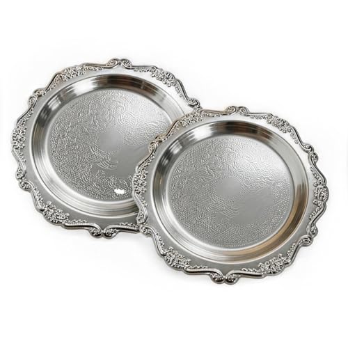 Round Silver Tray, Serving Platters, Vintage Metal Dessert Snack Platter, Decorative for Coffee Table, Fruits Party Displays,10 Inch, 2Pack - color: Silver, size: 10 inch