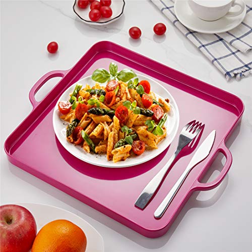 Square Serving Trays with Handles Melamine Hot Pink 12.5x12.5 Inch Spill Proof Kitchen Eating Trays Set of 2 for Cafeteria Cafe Food Appeizer Dessert Snack Dinner Lunch Breakfast,TR12-02 - color: Rose Red