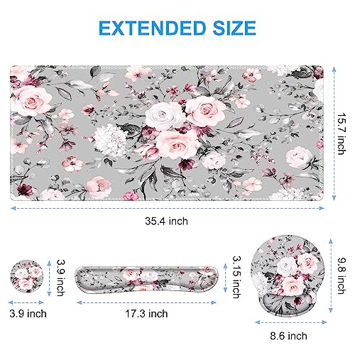iCasso Desk Blotter for Workspace, Pink Floral 35.4"x15.7" Mousepad - color: Tea Rose
