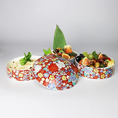 Traditional Japanese Bento Box, 3-tiered, Kutani Ware SK456 (Red flower design) - color: Red flower design
