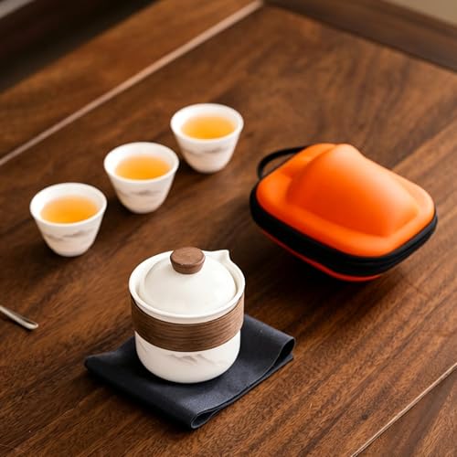 Portable Chinese Gongfu Tea Set, Travel Mini Gaiwan Teapot with Bag - color: White