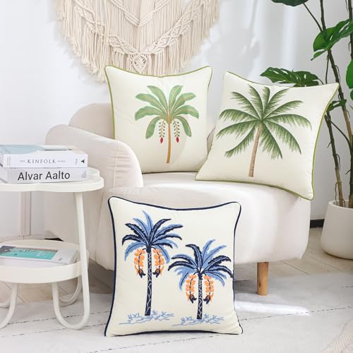 Embroidered Throw Pillow Covers 18x18 Pack of 2 Blue Palm Tree - color: Blue Palm Tree