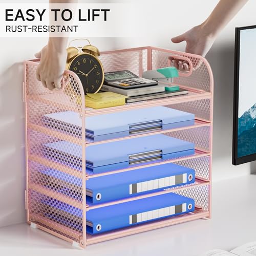 5-Tier Stackable Paper Organizer with Handle, Pink - color: Pink, size: 12.6" x 9.1" x 13.4"