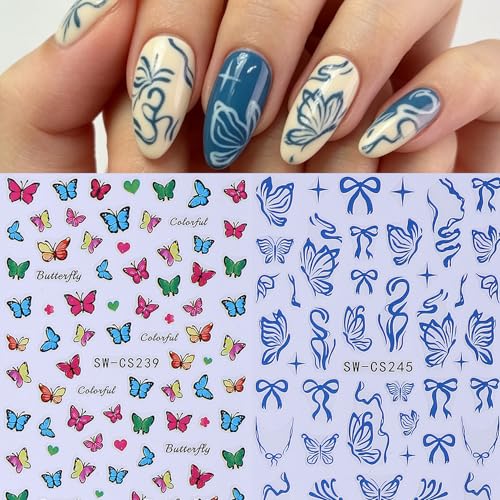 Butterfly Nail Art Stickers Decals 12 Sheets 3D Self-Adhesive Nail Decals Purple Blue Gradient Butterflies with Flower & Leaf Designs Stickers for DIY Manicure Acrylic Gel Nail Decorations for Women - style: Butterfly Flower