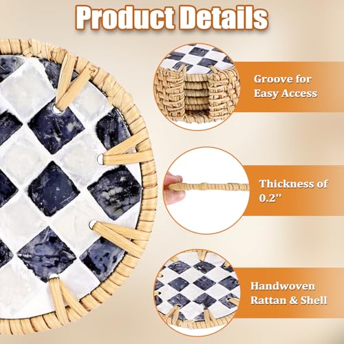 Boho Coastal Coasters Set of 6, Handwoven Rattan Coasters with Holder - style: Checkered Pattern