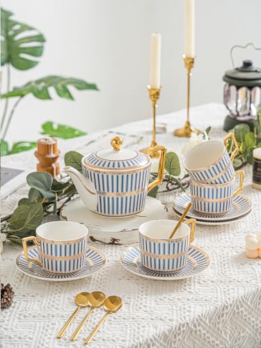 CwlwGO-Bone China Tea Cup Set of 4, Cup and Saucer Sets Service for 4 with 24 Ounces Teapot,Sugar Bowl,Creamer Pitcher,Elegant British Tea Cups for Tea Party,Gifts Box. - color: White and Blue