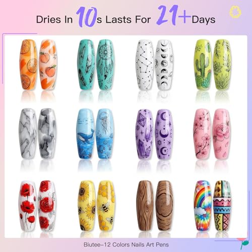 Biutee 12 Colors Nail Art Pens Set, 3D Nail Polish Pens 0.7mm Quick-Drying - color: MulticolorC