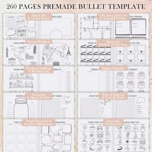 Everloria Premade Dotted Journal Notebook, 12 Months Pre-made Bullet Templates, 260 Hand-Drawn Coloring Pages, Undated Weekly & Monthly Planner, 7.8"x9.3" Leather Dot Grid Habit Mood Tracker - color: Floral A