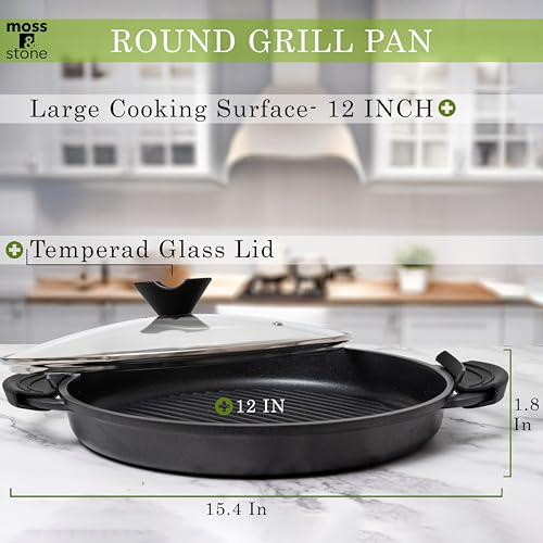 Moss & Stone 12" Grill Pan for Indoor Cooking, Nonstick Pan with Glass Lid - style: Round Indoor Grill Pan with Lid