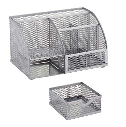 Annova Mesh Desk Organizer Office with 7 Compartments + Drawer/Desk Tidy Candy/Pen Holder/Multifunctional Organizer (Silver) - color: Silver