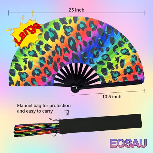 EOSAU Large UV Glow Rave Fan, Folding Hand Fans for Line Dancing, Leopard - color: 13" Leopard Print