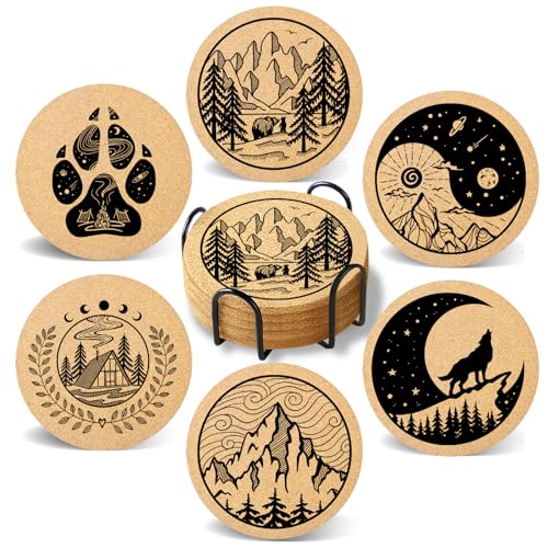 Coasters for Drinks with Holder Set of 6, Mountain Cork Coaster Absorbent Wood for Cup Desk Office Table Kitchen Decor House Warming Gifts for New Home Couples, Round 4" - color: Mountain