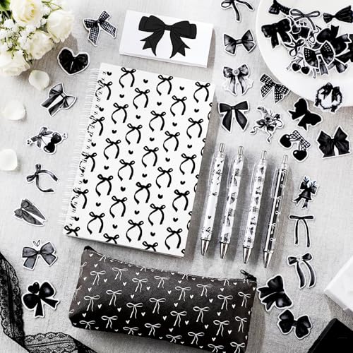 Sayglossy Black Bow Set Pen Spiral Notebook Journal Pencil Case Sticker - color: Black